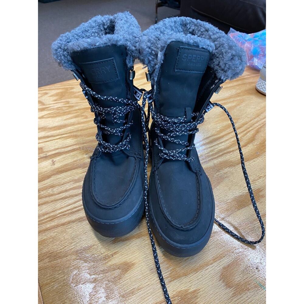 Sperry Juneau Winter Snow Boots Women's 5.5 Black Leather Lace Up STS86817 S11